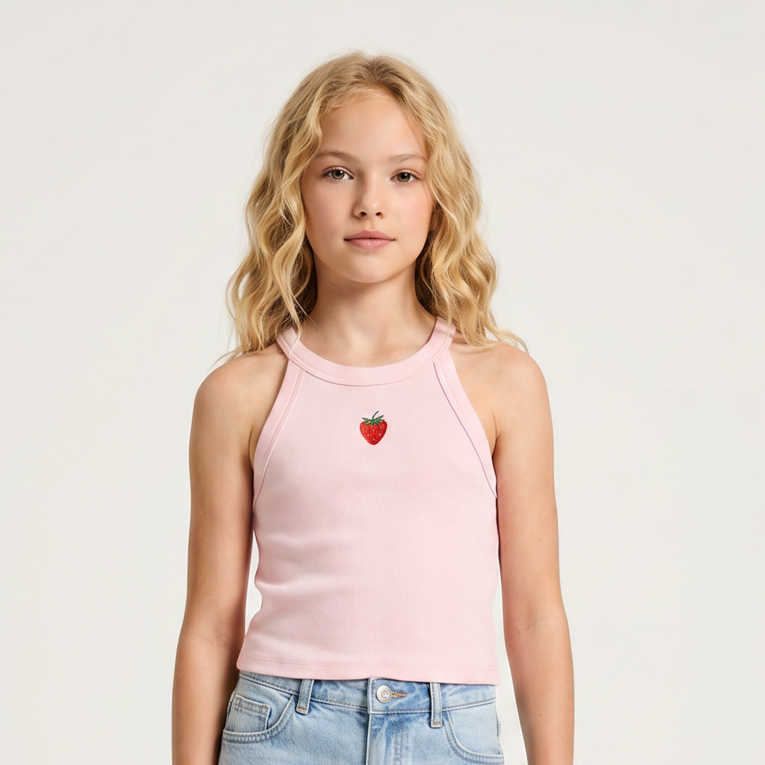CROP TOP PARA NIÑAS EN RIB CON DISEÑO BORDADO