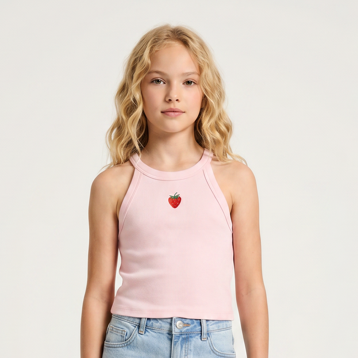 Crop top para niñas en rib con diseño de fresa bordada