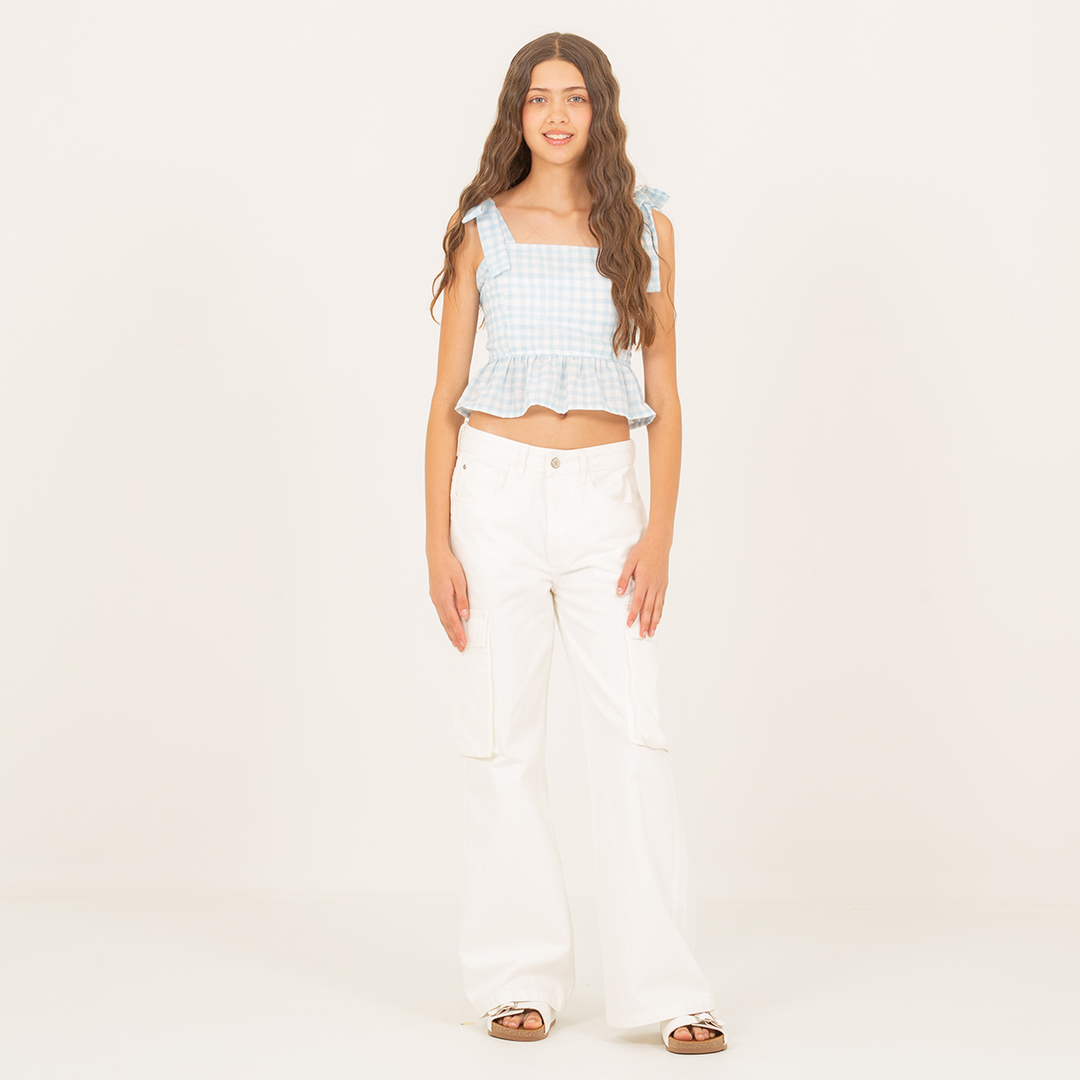 CROP TOP PARA NIÑAS CON DISEÑO EN CUADROS - AZUL CIELO