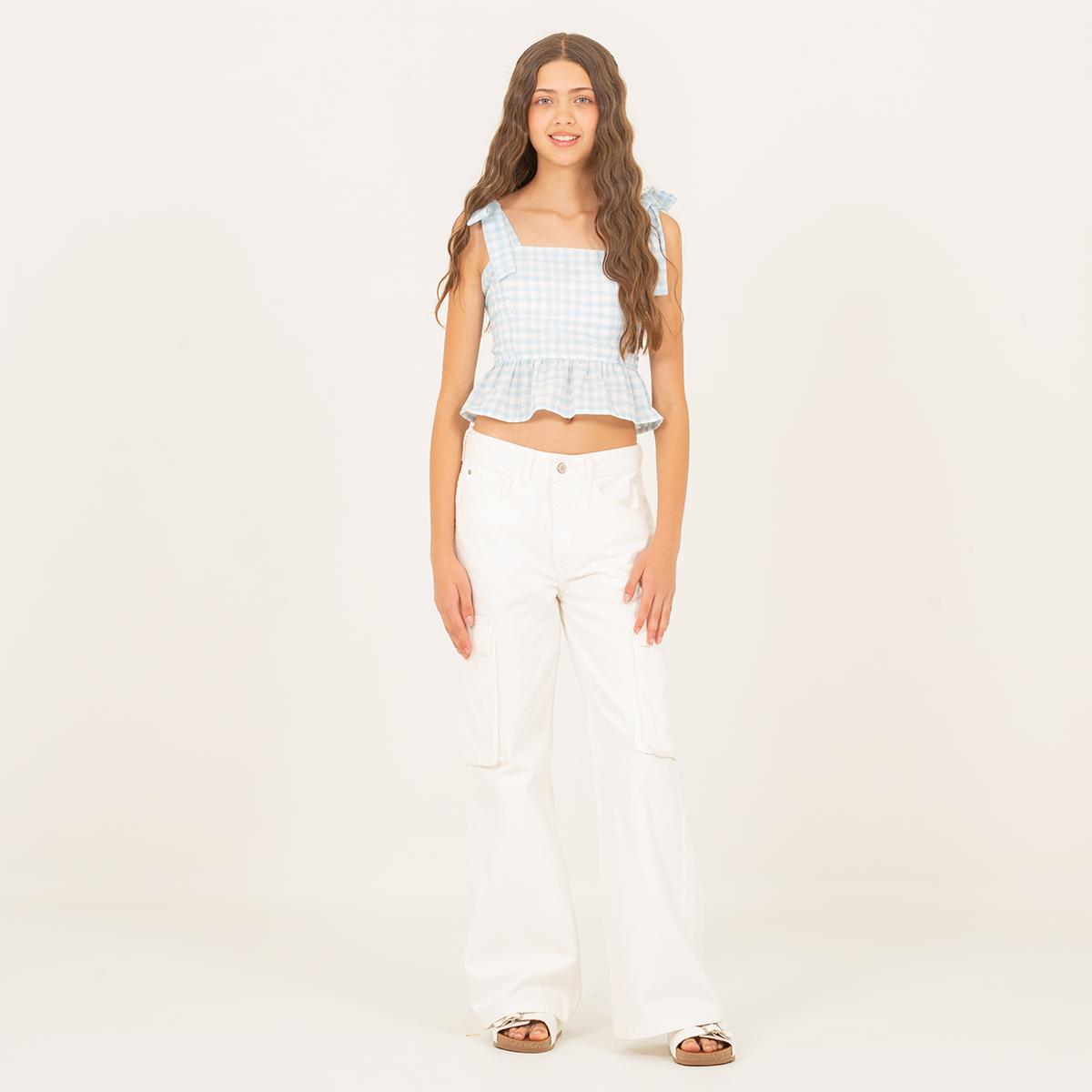 Crop top para niñas con diseño en cuadros- Azul cielo