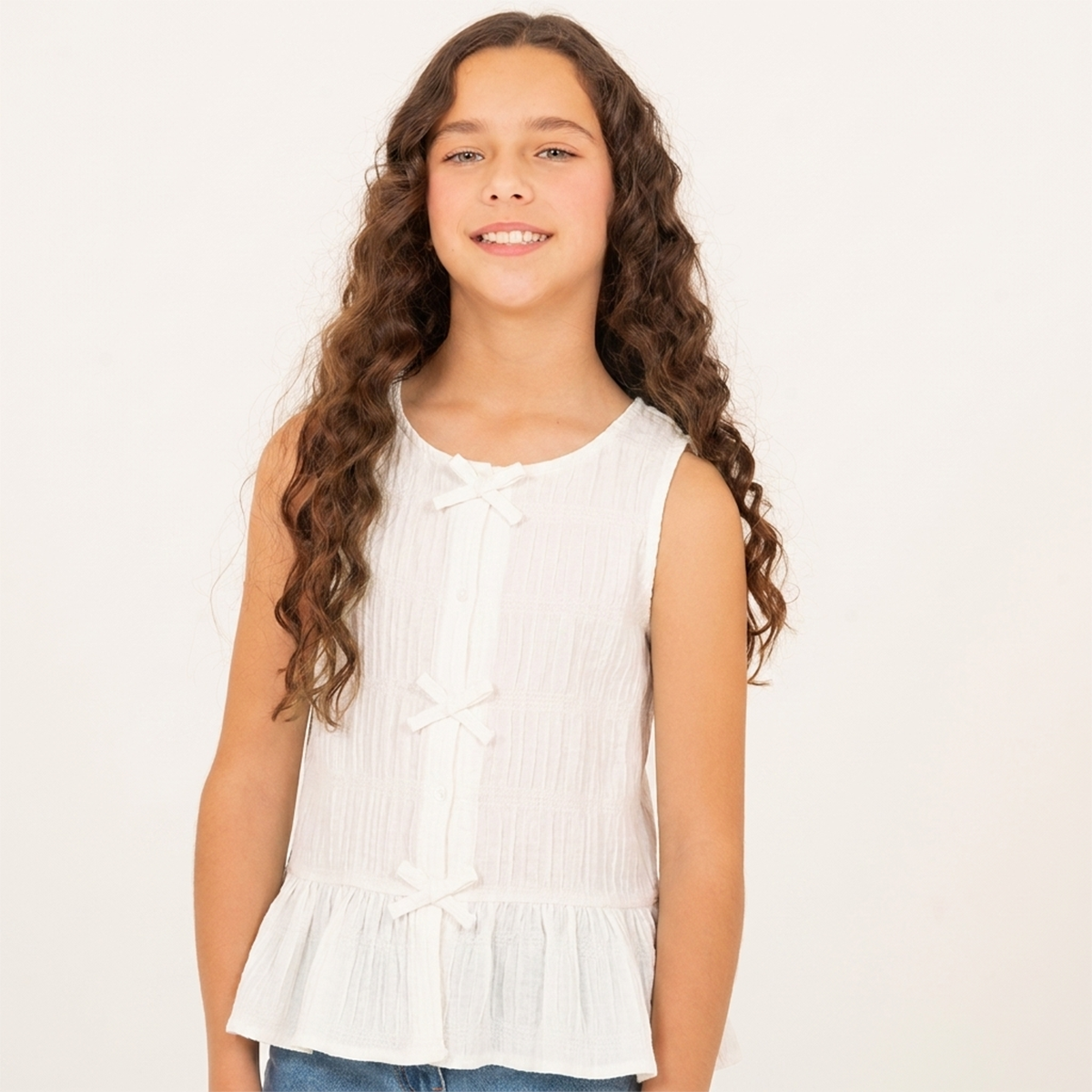 Camisa para niñas con detalle de lazos decorativos - Beige
