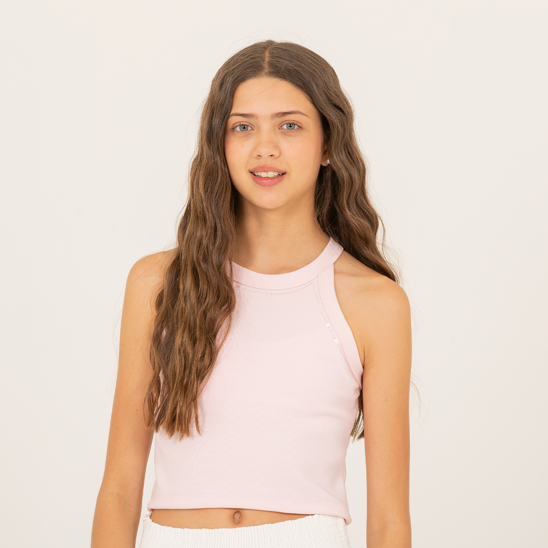 Crop top para niñas en rib con diseño de lentejuelas