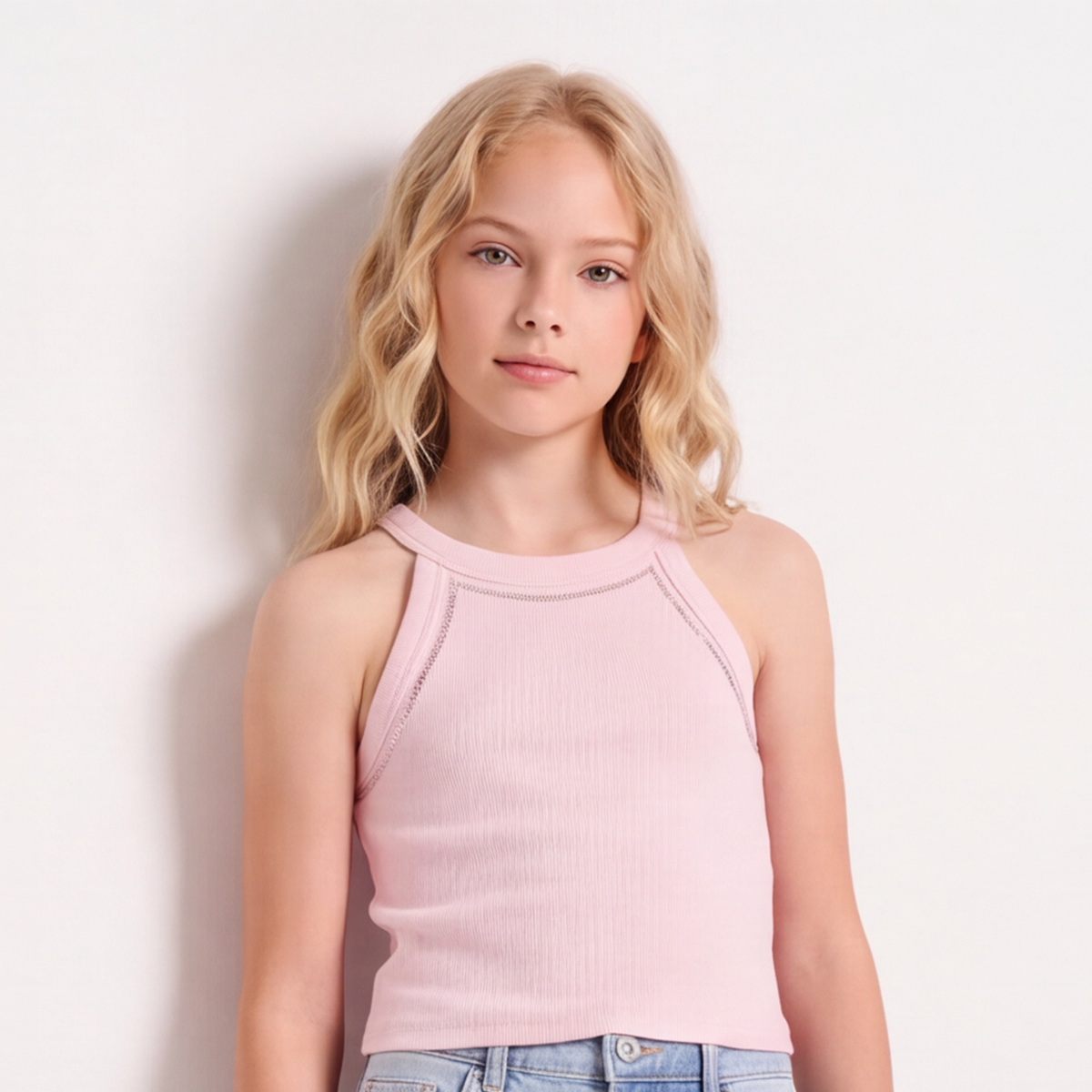 Crop top para niñas en rib con diseño de lentejuelas