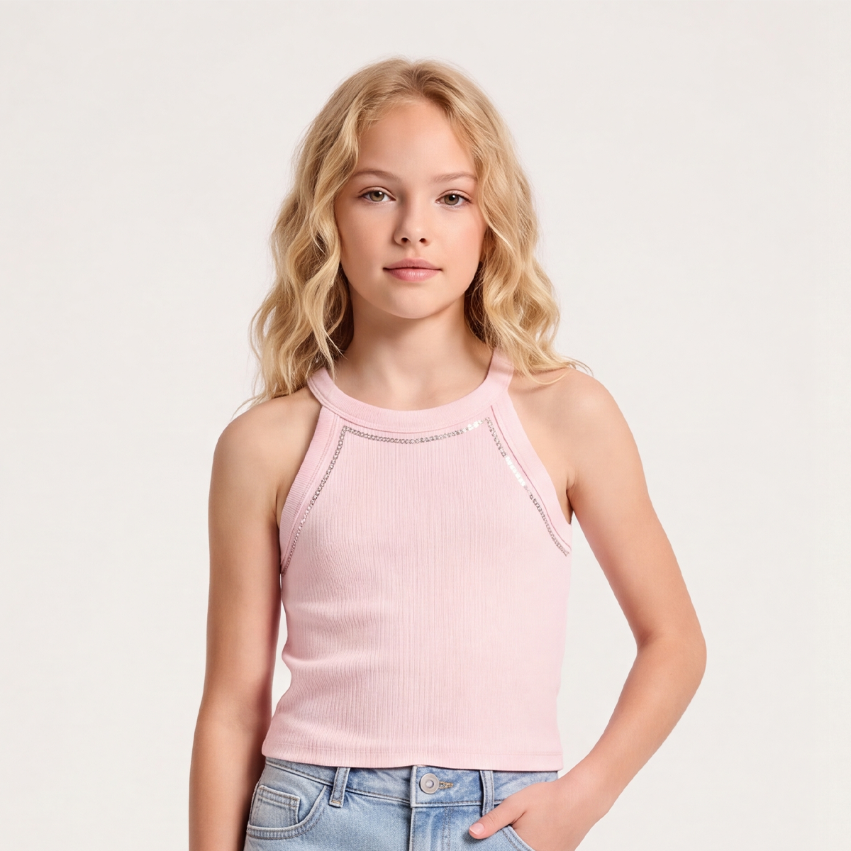 Crop top para niñas en rib con diseño de lentejuelas