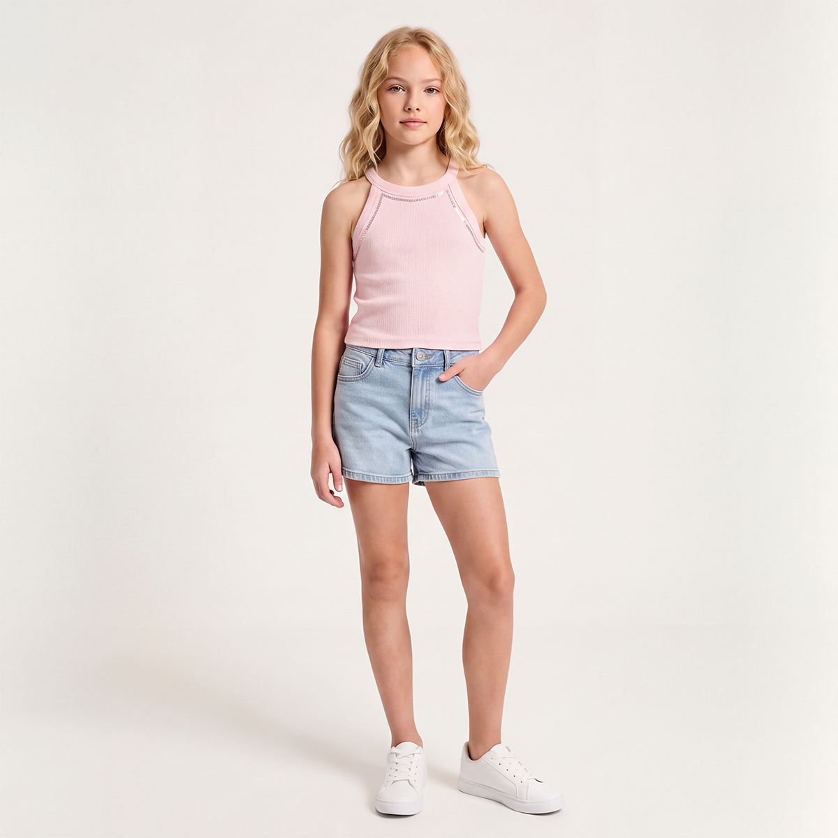 Crop top para niñas en rib con diseño de lentejuelas