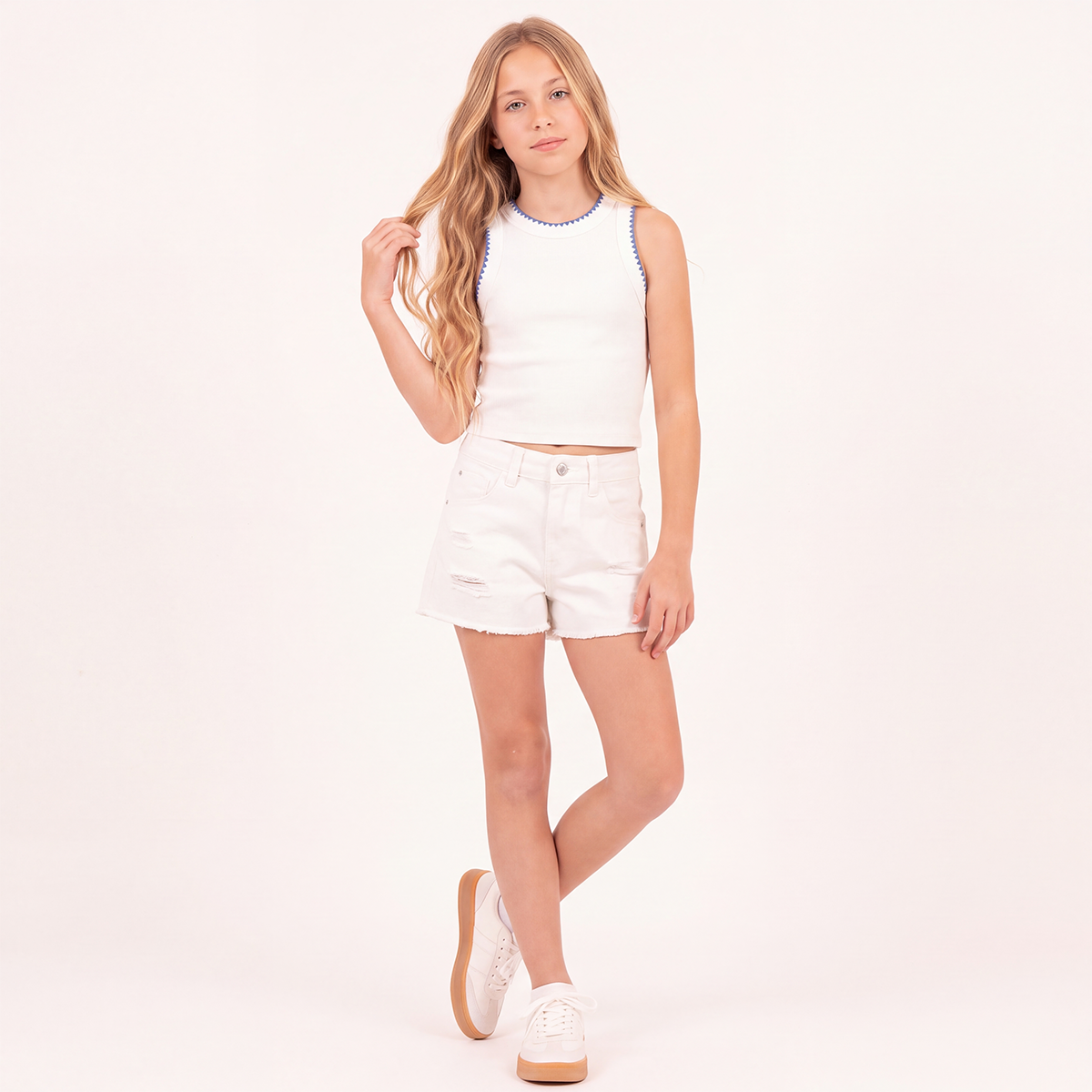 Crop top para niñas en rib con diseño en contraste - Beige