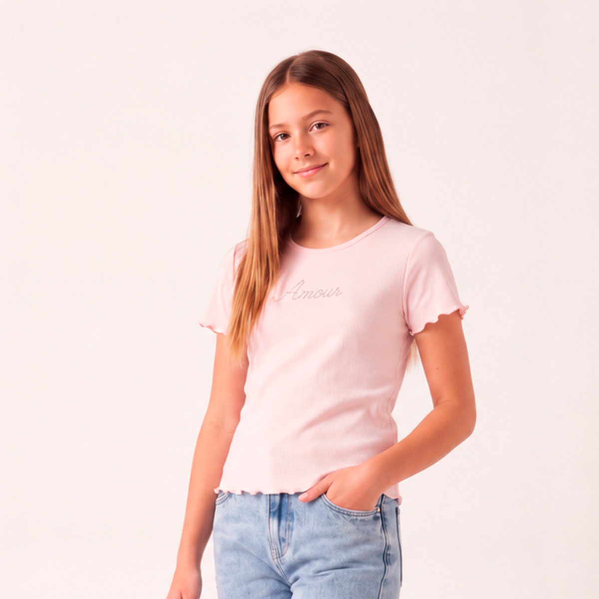 Camiseta para niñas en rib con diseño frontal Amour – Rosado claro