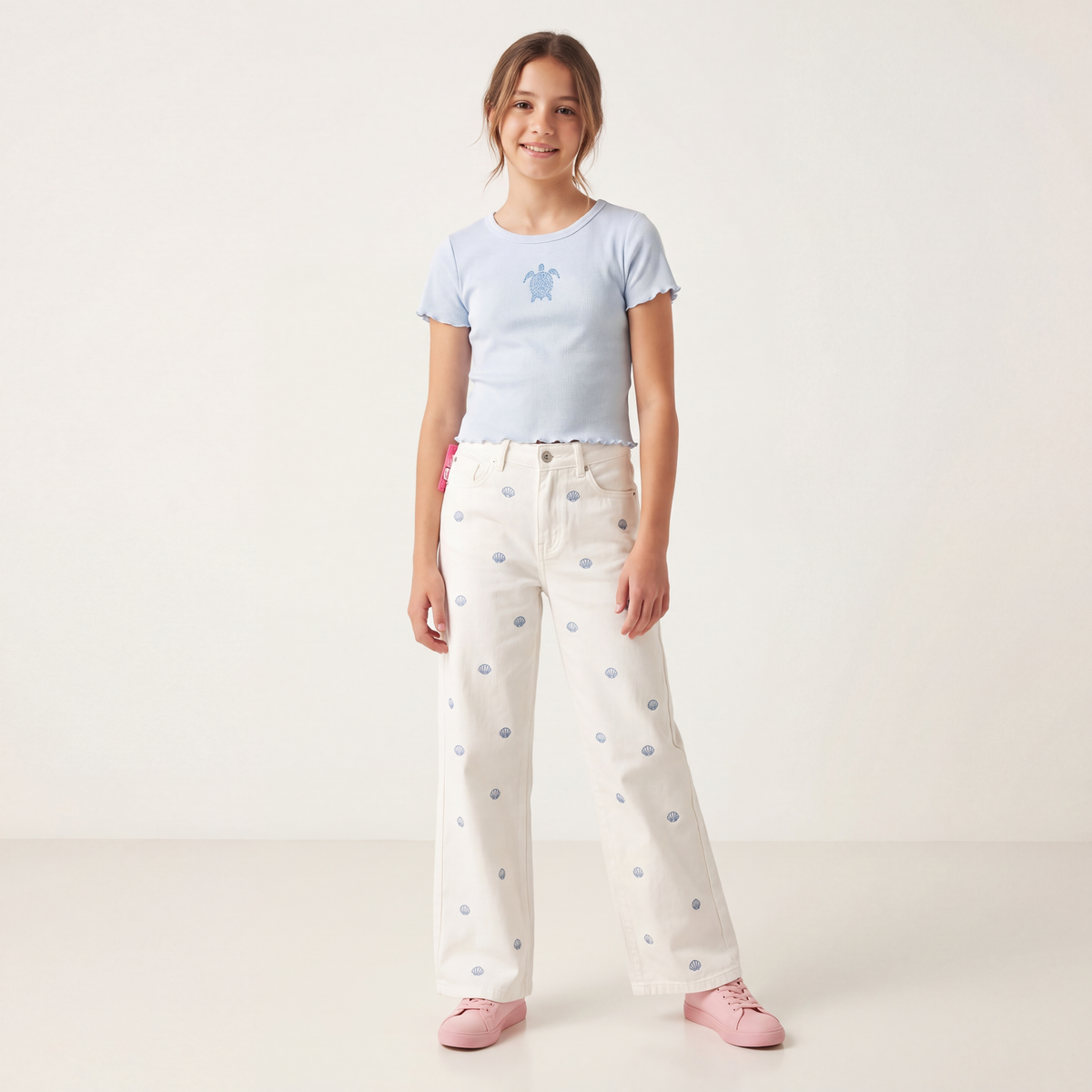 Camisa para niñas en rib con diseño frontal de tortuga – Azul