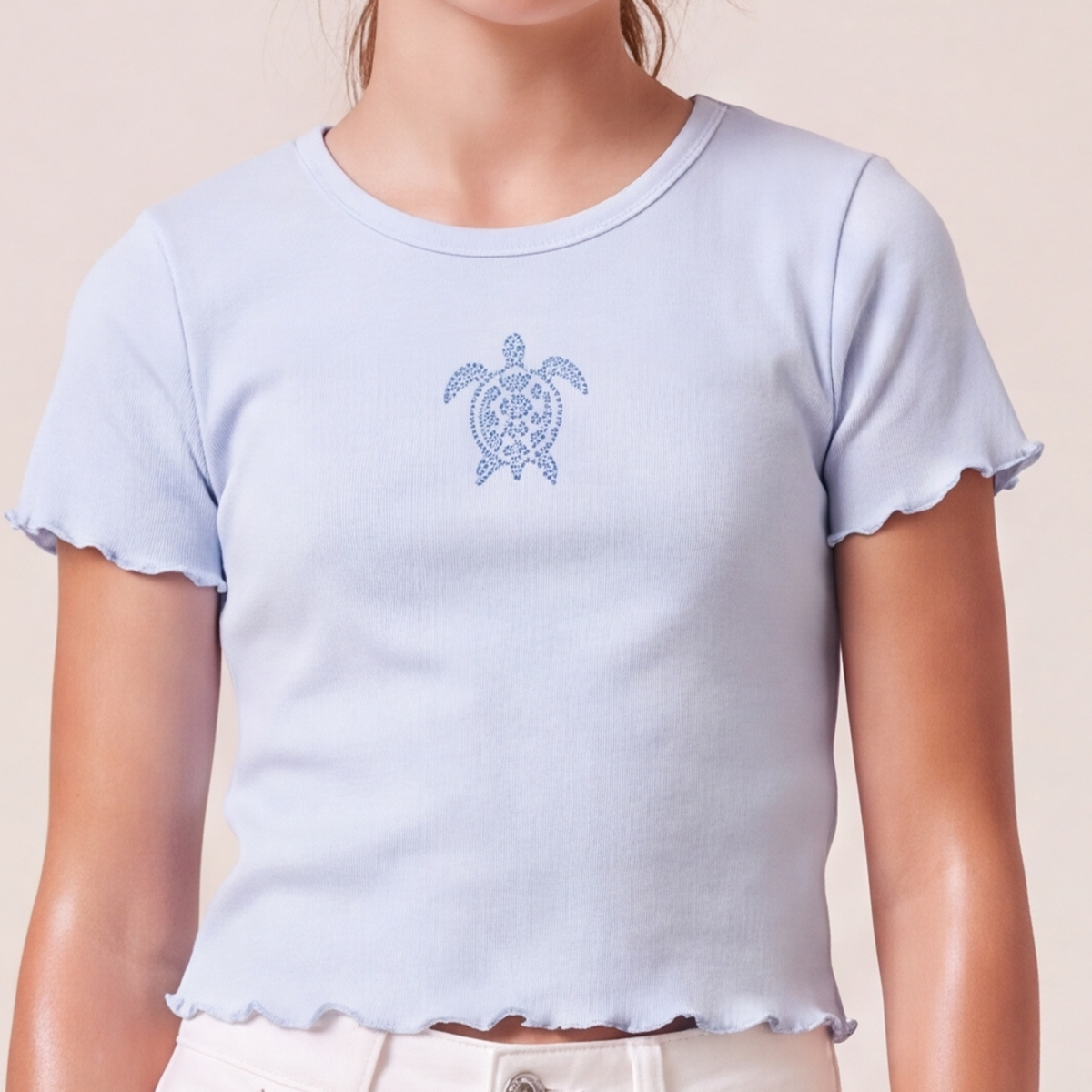 Camisa para niñas en rib con diseño frontal de tortuga – Azul