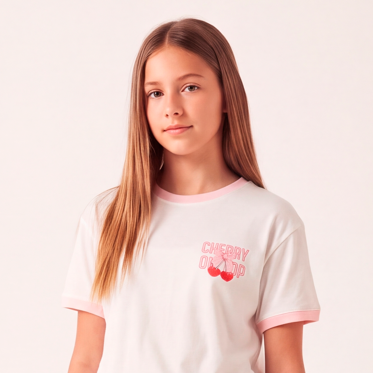 Camiseta para niñas con diseño estampado “Cherry on top“ - Beige