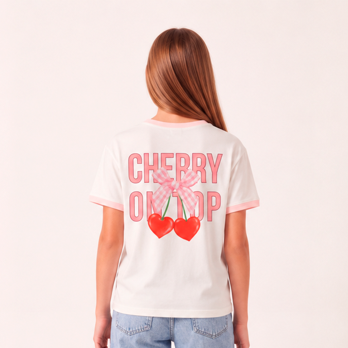 Camiseta para niñas con diseño estampado “Cherry on top“ - Beige