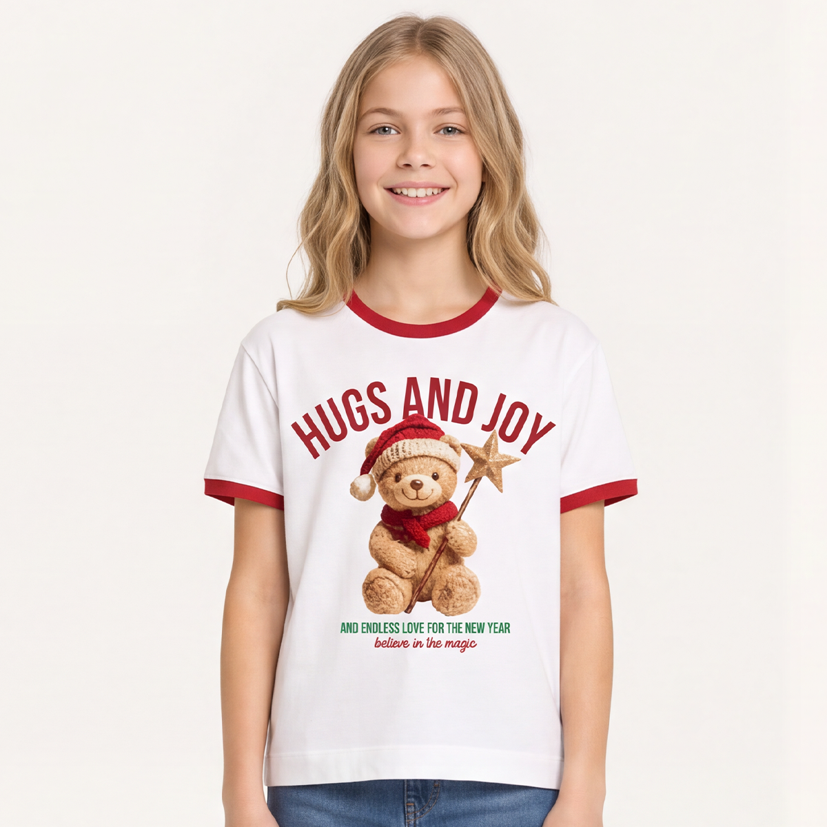 Camiseta para niñas con diseño estampado “Hugs and joy“ - Beige