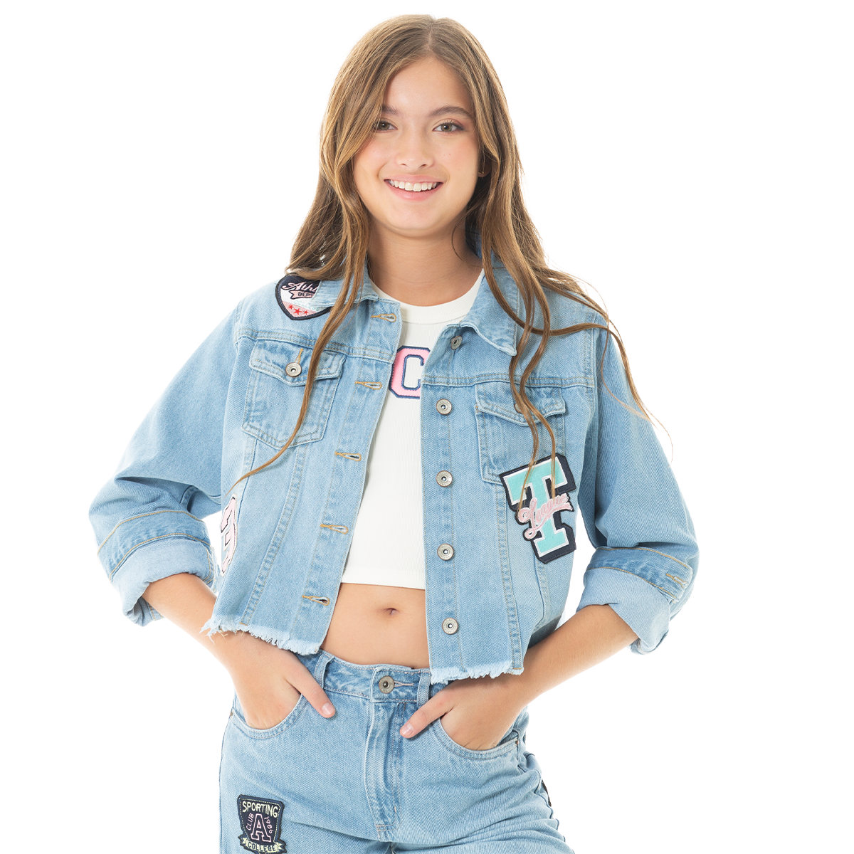 CHAQUETA PARA NIÑAS CON PARCHES ESTILO UNIVERSITARIO