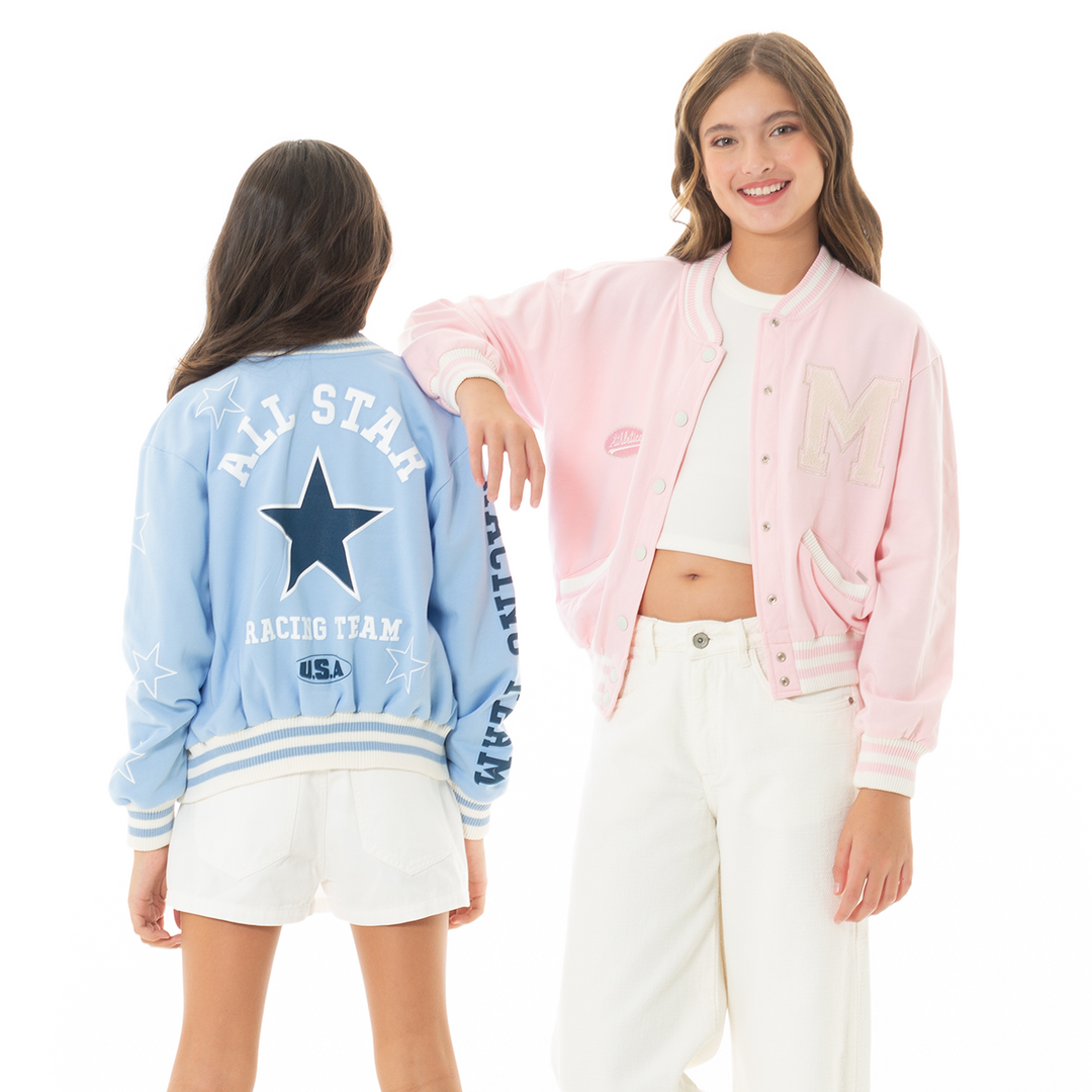 CHAQUETA PARA NIÑAS VARSITY ROSA PASTEL