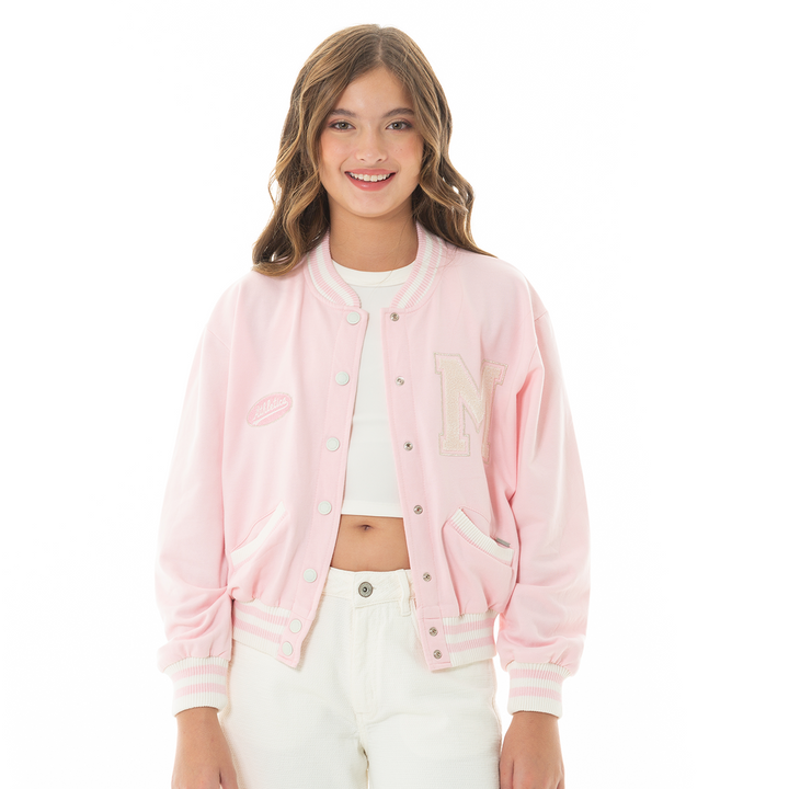 CHAQUETA PARA NIÑAS VARSITY ROSA PASTEL
