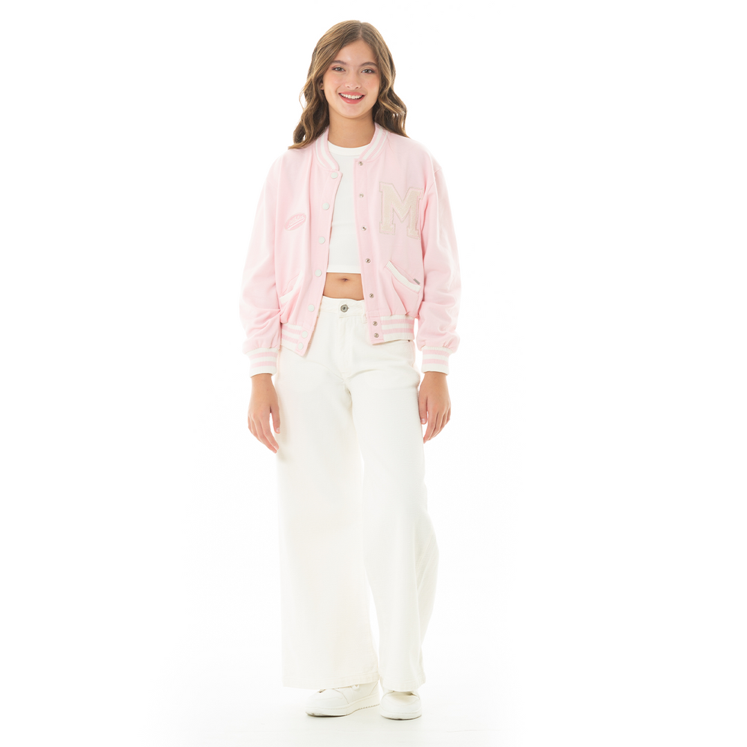 CHAQUETA PARA NIÑAS VARSITY ROSA PASTEL