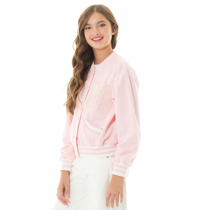 CHAQUETA PARA NIÑAS VARSITY ROSA PASTEL
