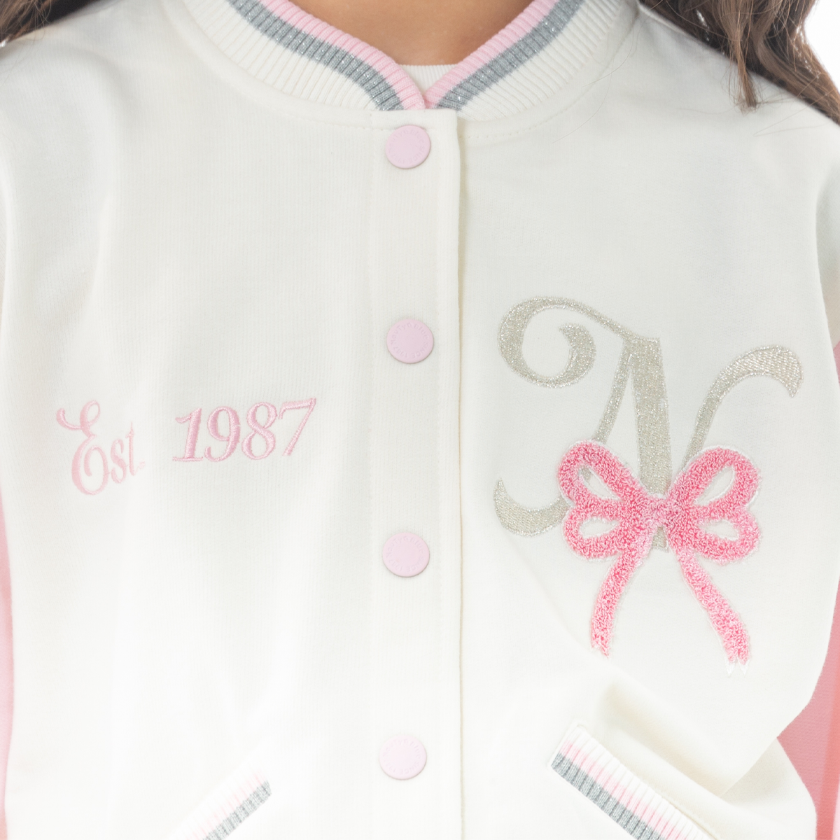 🎀 CHAQUETA PARA NIÑAS VARSITY - COLOR ROSADO