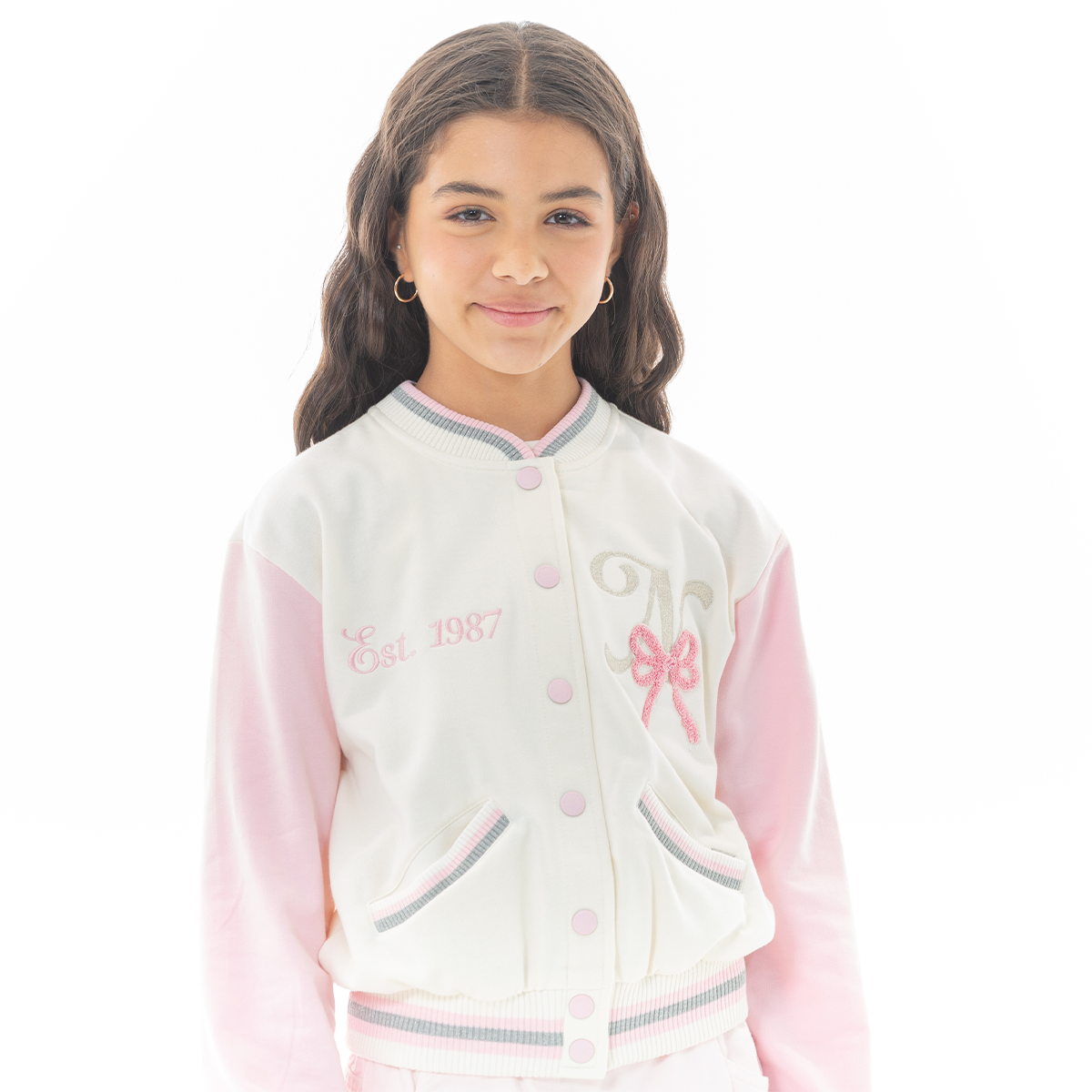 🎀 CHAQUETA PARA NIÑAS VARSITY - COLOR ROSADO