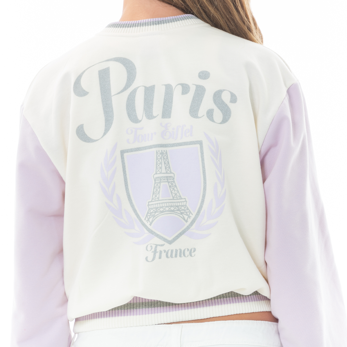 Chaqueta para niñas tipo varsity – Marfil y lila