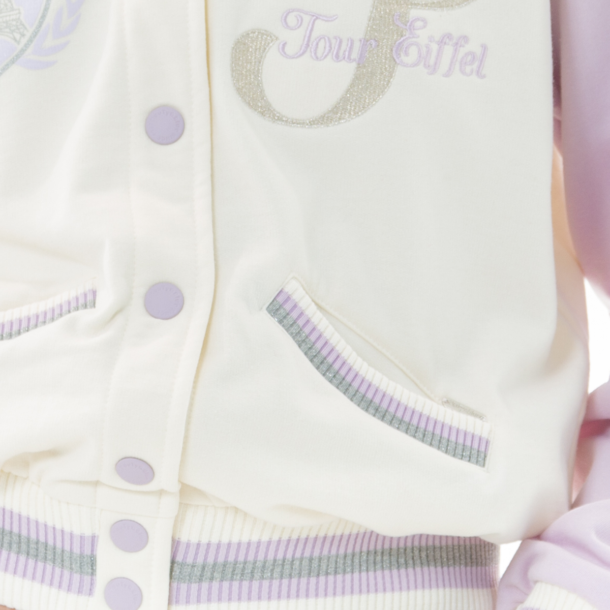 Chaqueta para niñas tipo varsity – Marfil y lila
