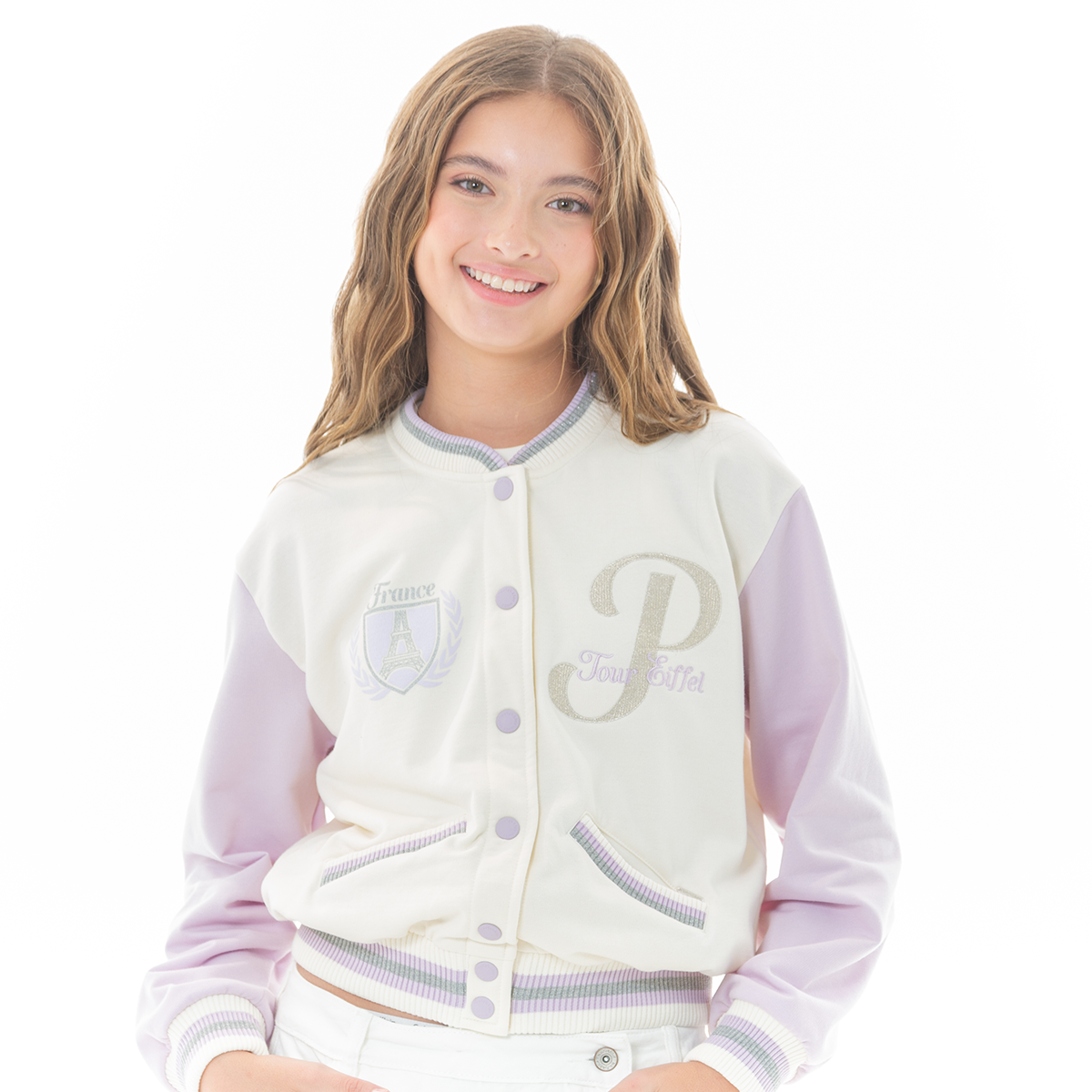 Chaqueta para niñas tipo varsity – Marfil y lila