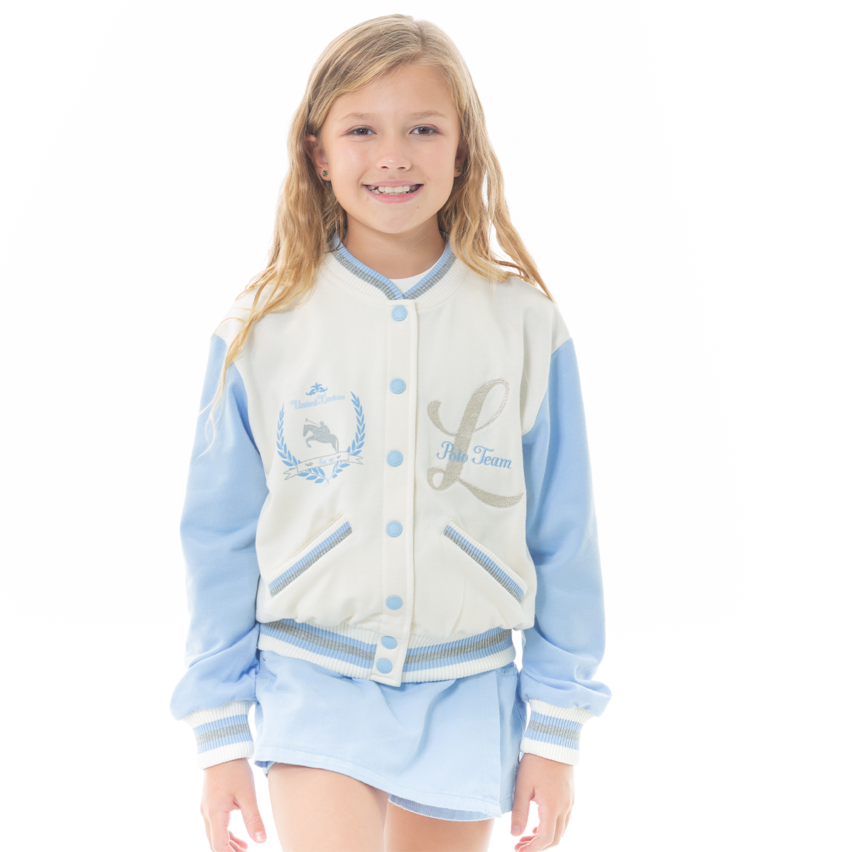 Chaqueta Varsity para Niñas Bordada – Azul Claro y Blanco