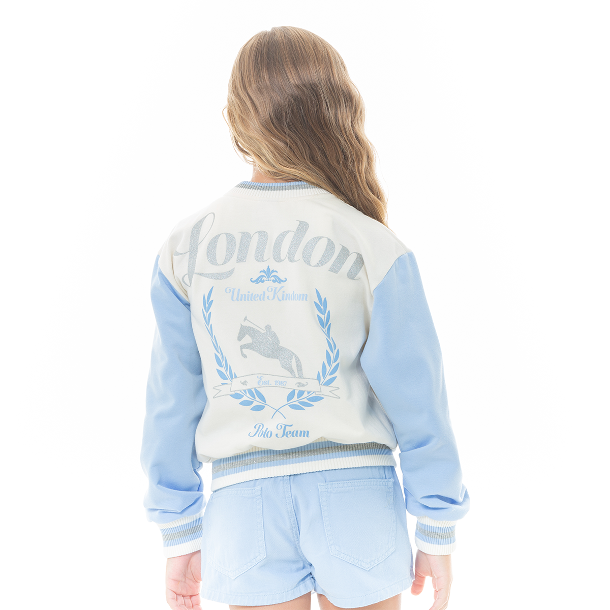 Chaqueta Varsity para Niñas Bordada – Azul Claro y Blanco