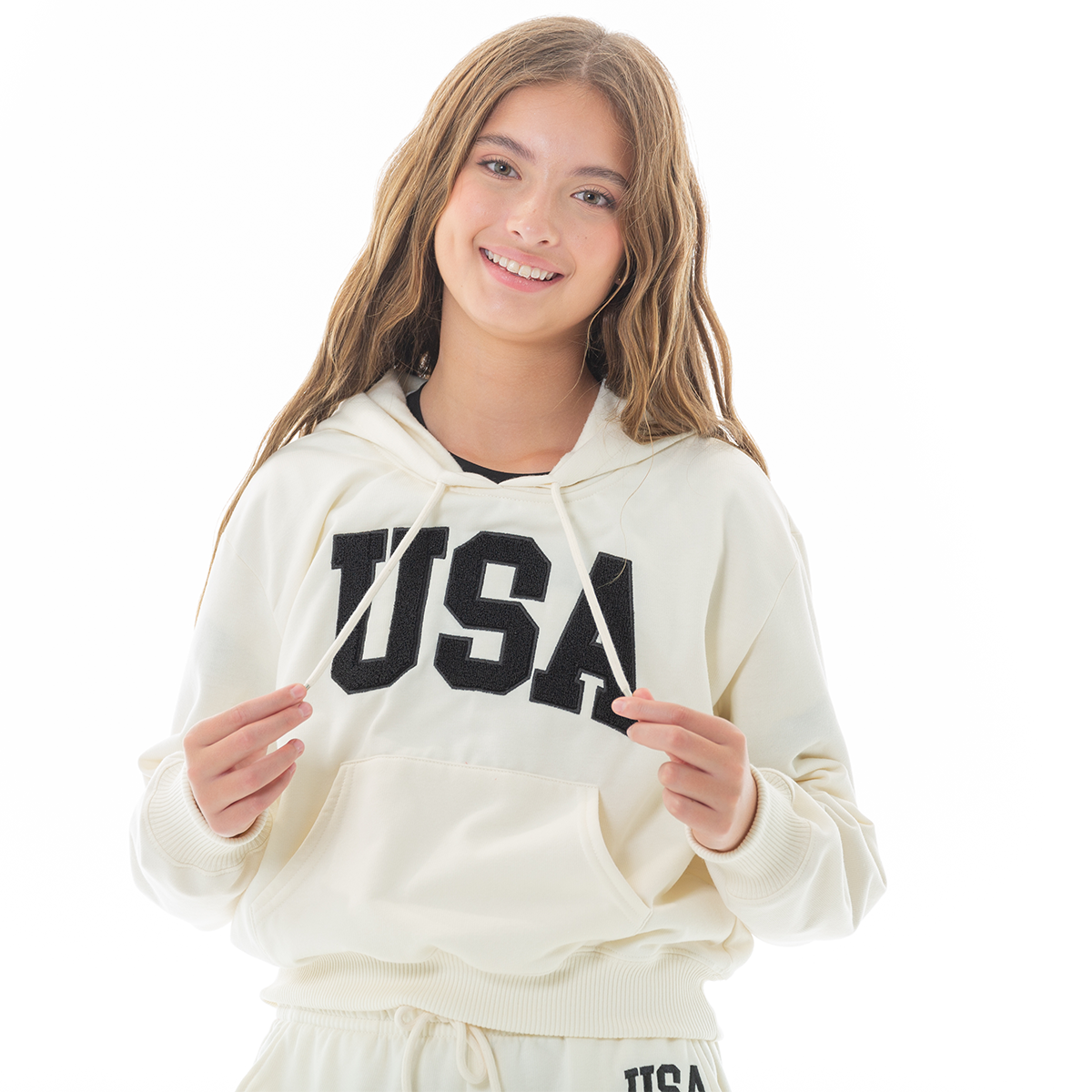 Hoodie para niñas con diseño de aplique afelpado usa - Off white