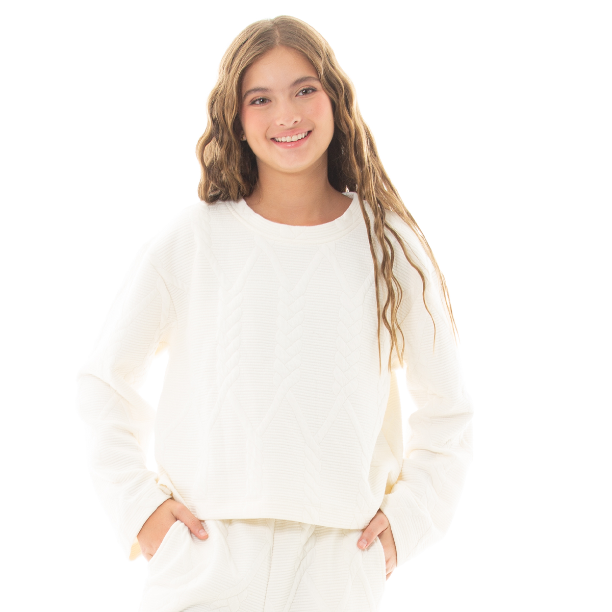 HOODIE PARA NIÑAS CON DISEÑO EN TEJIDO TRENZADO - COLOR MARFIL