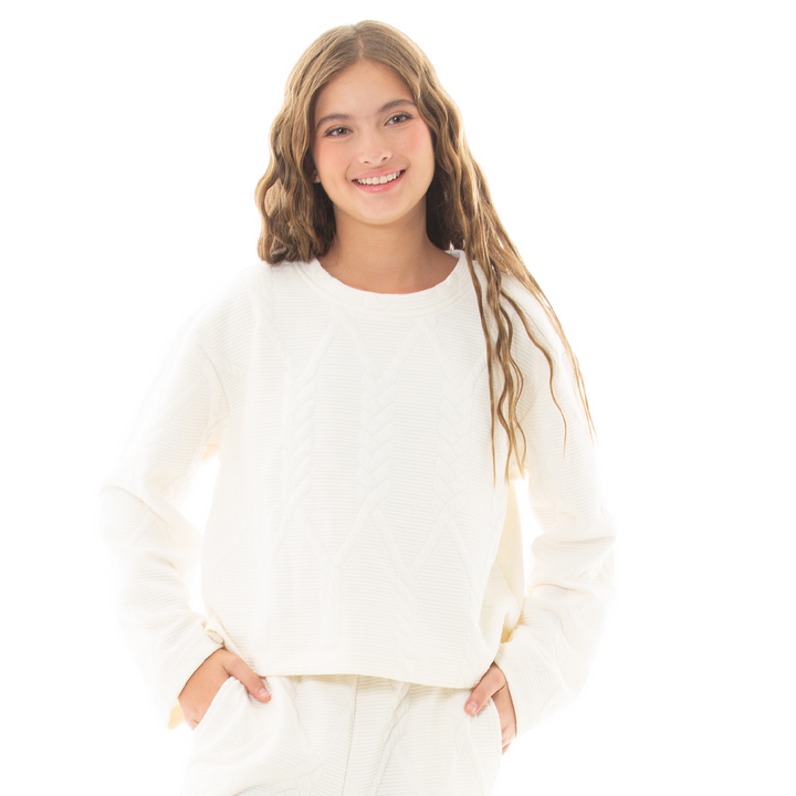 HOODIE PARA NIÑAS CON DISEÑO EN TEJIDO TRENZADO - COLOR MARFIL