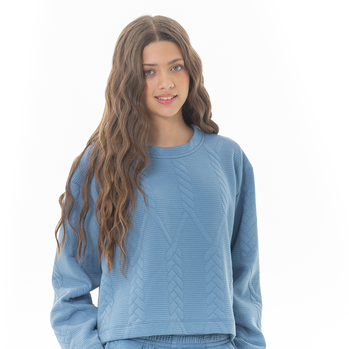 HOODIE PARA NIÑAS CON DISEÑO EN TEJIDO TRENZADO - COLOR AZUL