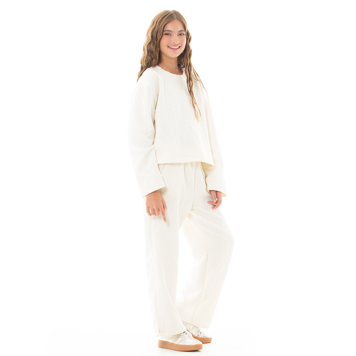 HOODIE PARA NIÑAS CON DISEÑO EN TEJIDO TRENZADO - COLOR MARFIL