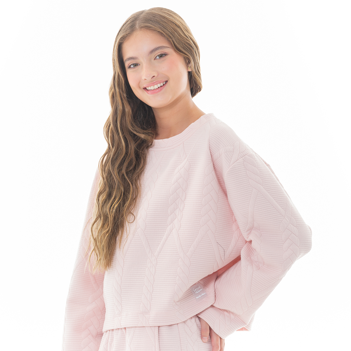 HOODIE PARA NIÑAS CON DISEÑO EN TEJIDO TRENZADO - COLOR ROSADO