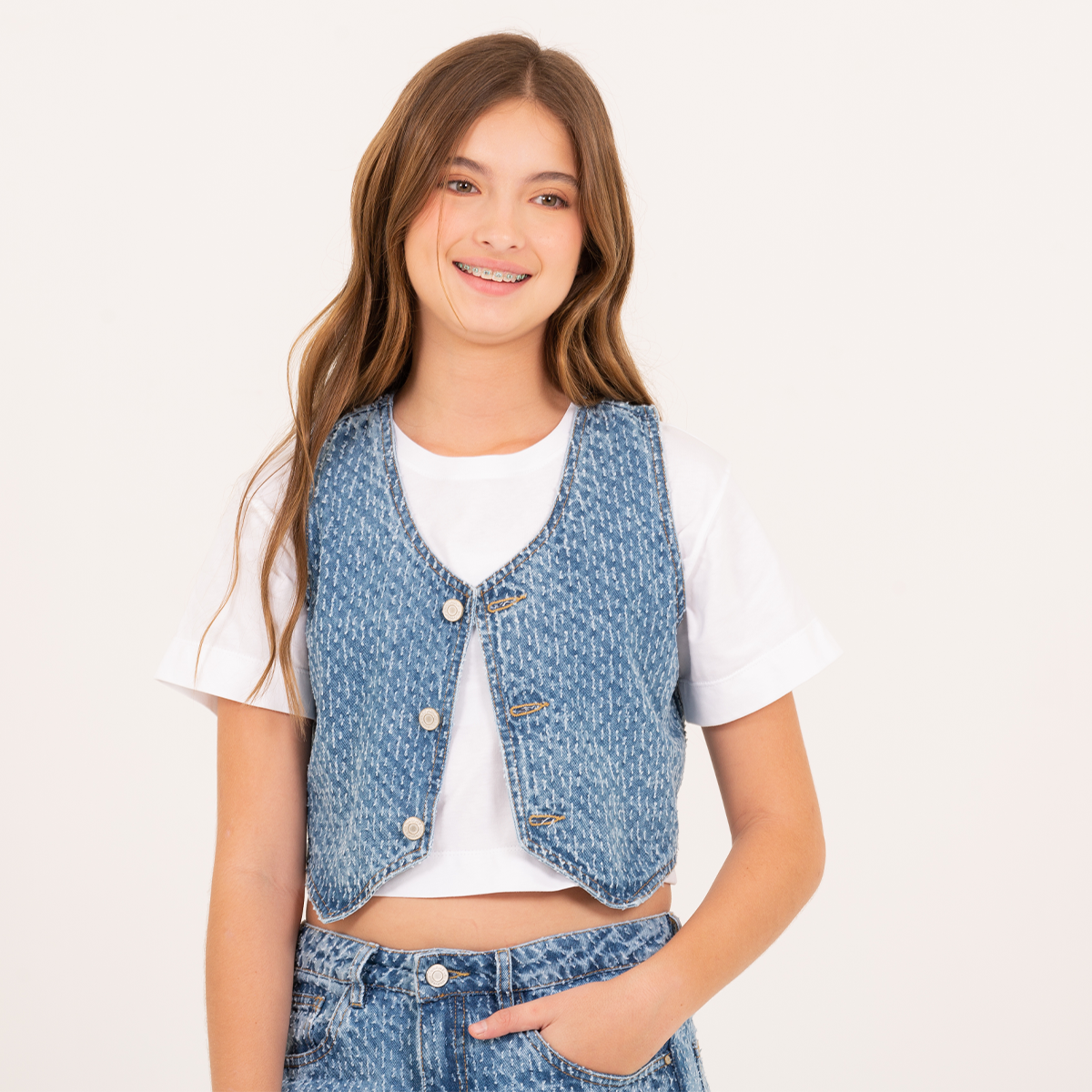 Chaleco para niñas en indigo de diseño texturizado - Azul