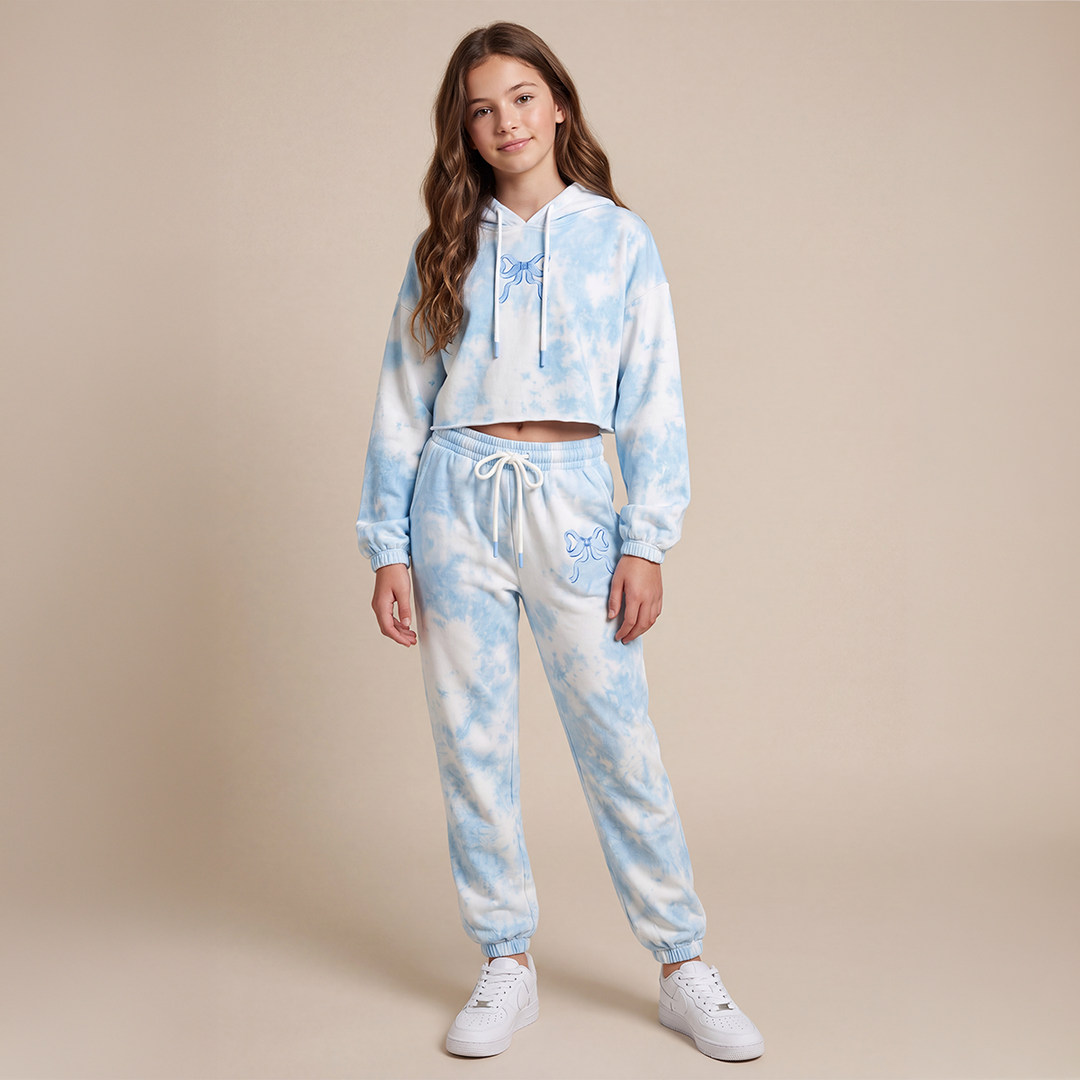 Hoodie para niñas tie dye con lazo estampado - Azul