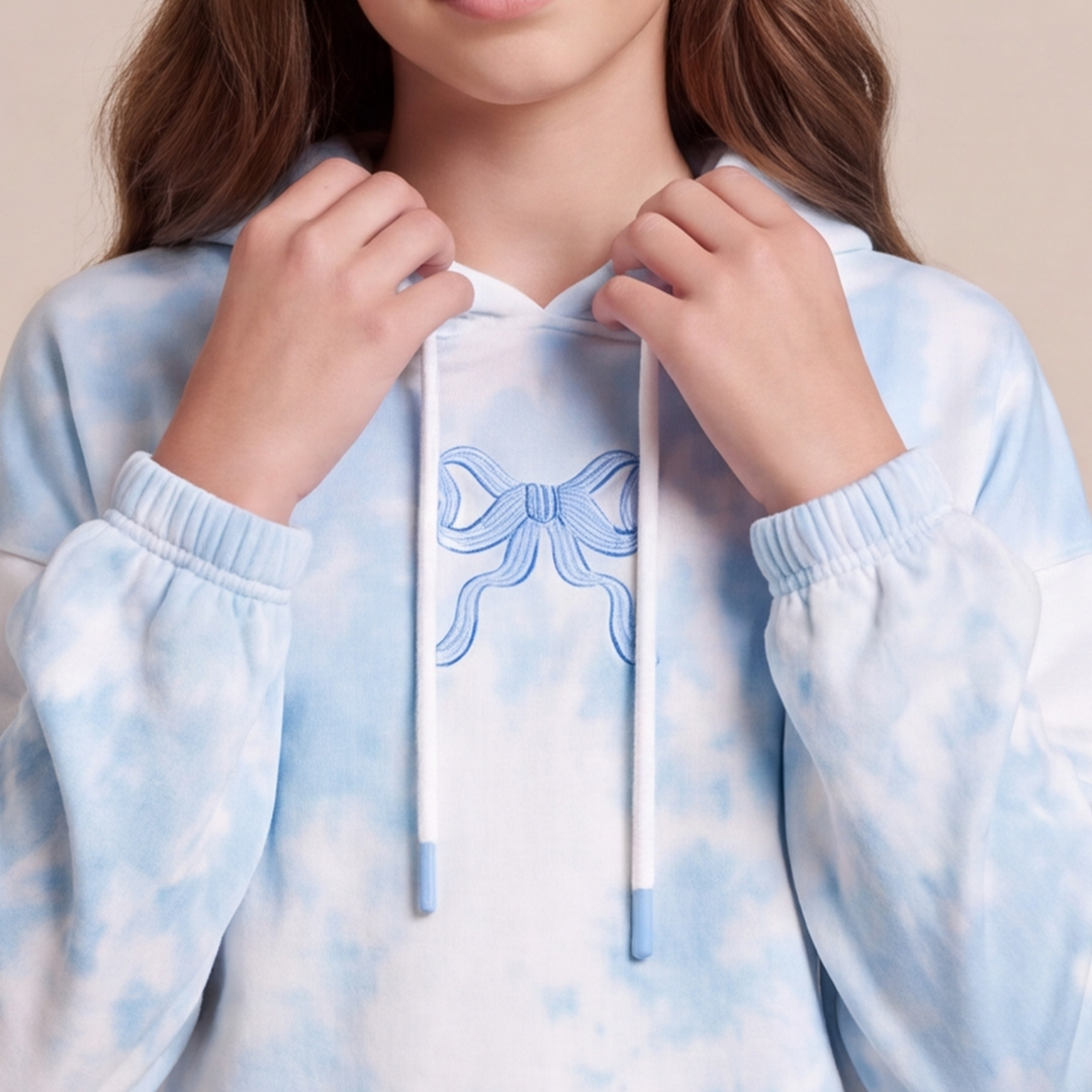 Hoodie para niñas tie dye con lazo estampado - Azul