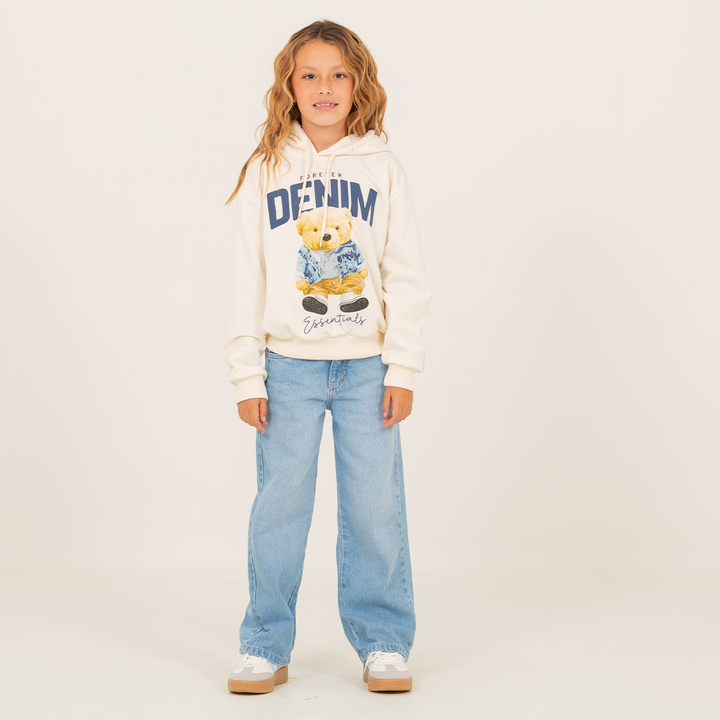 Hoodie para niñas con diseño estampado “forever denim essentials” Off white