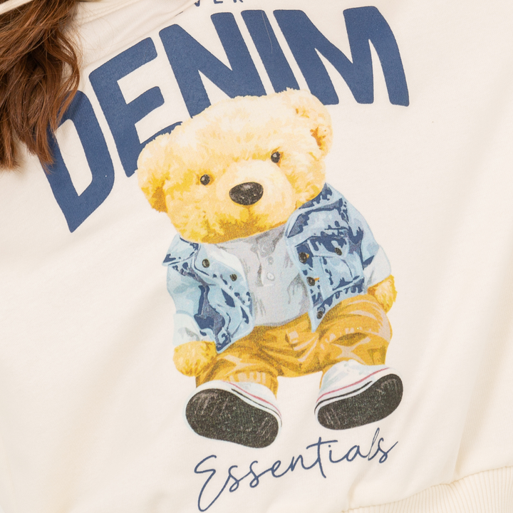 Hoodie para niñas con diseño estampado “forever denim essentials” Off white