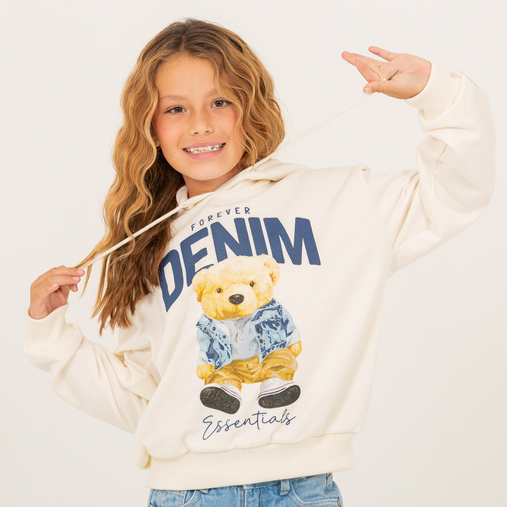 Hoodie para niñas con diseño estampado “forever denim essentials” Off white