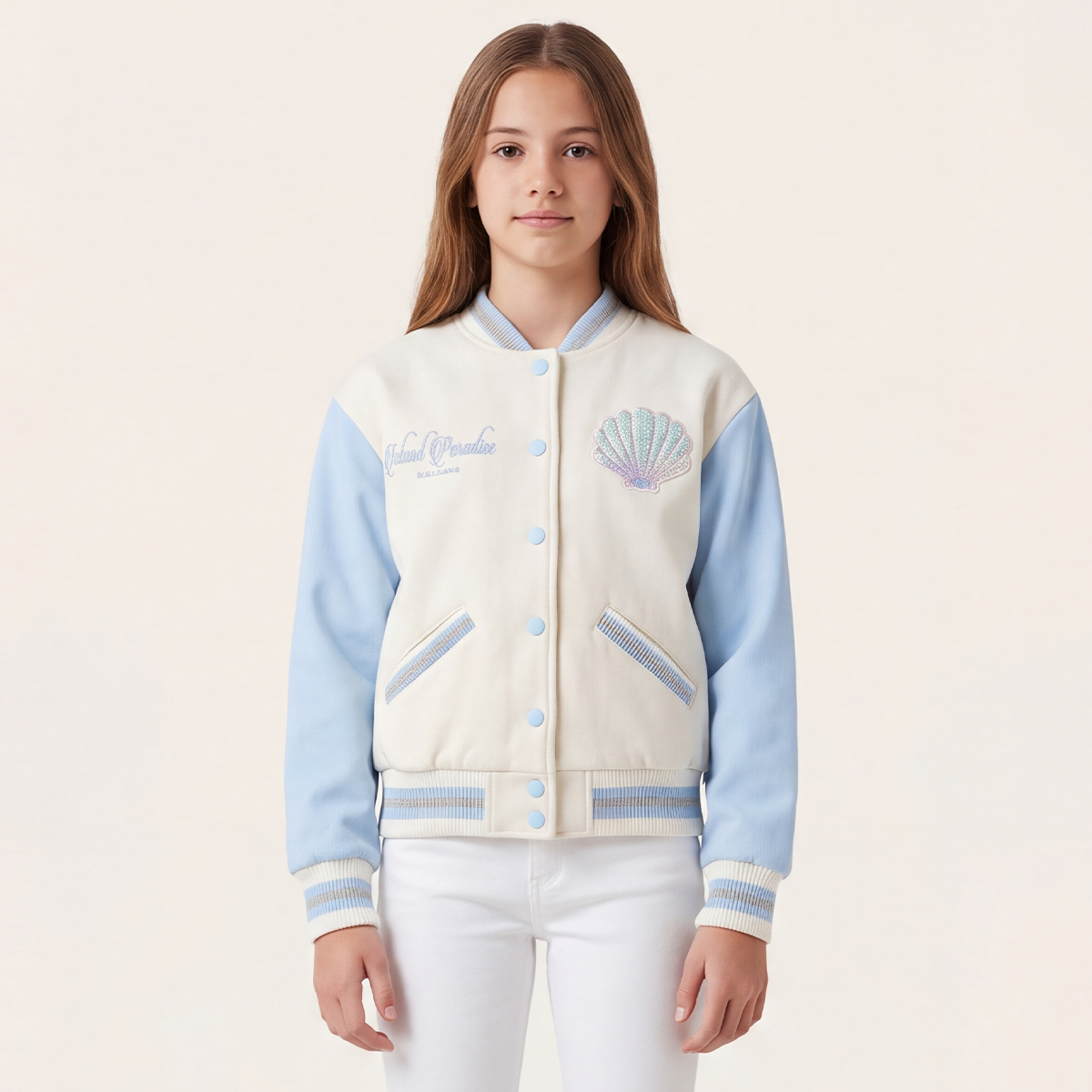 Chaqueta para niñas estilo varsity Island Paradise - Azul