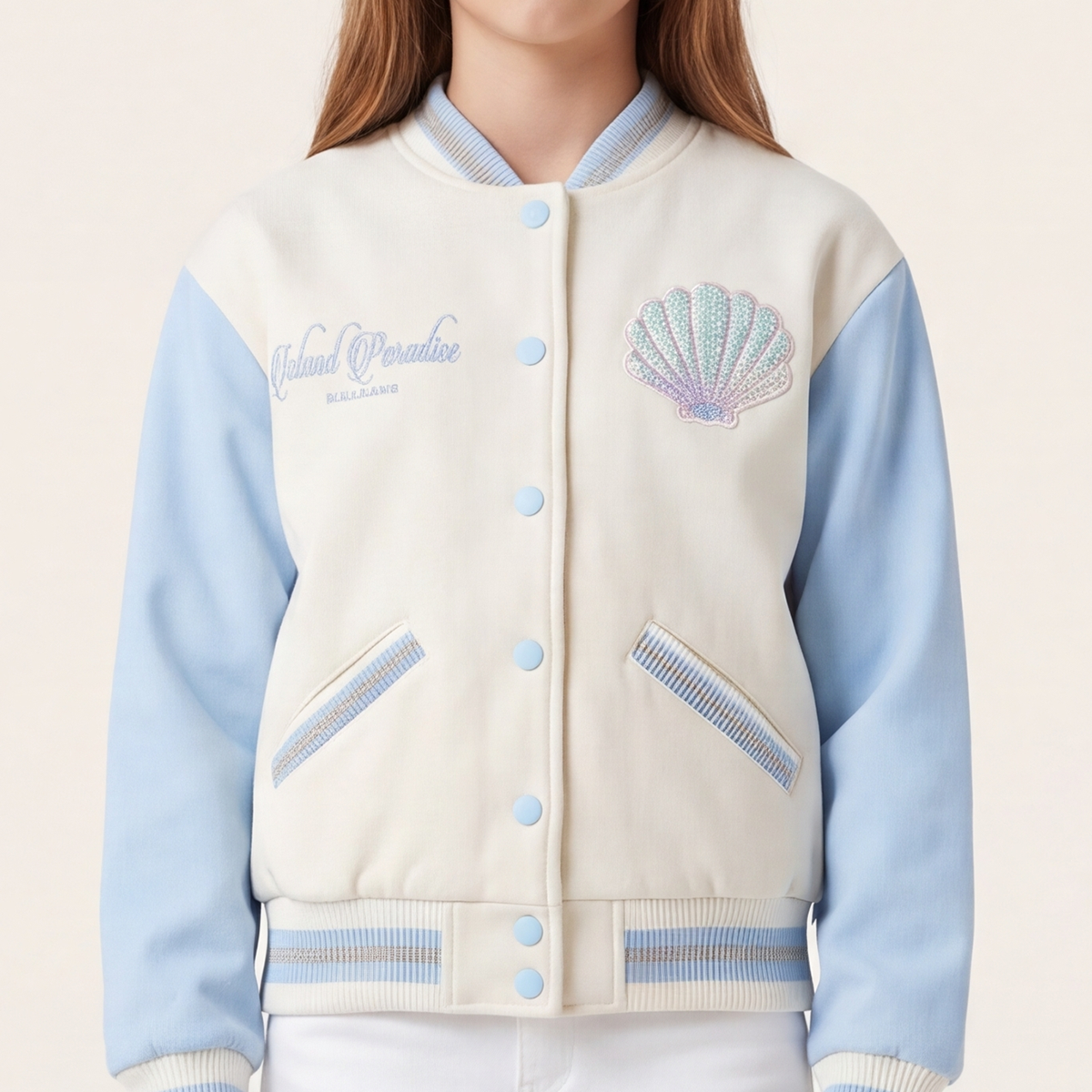 Chaqueta para niñas estilo varsity Island Paradise - Azul