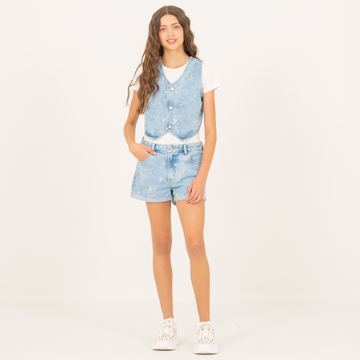 Chaleco para niñas con diseño floral bordado - Azul