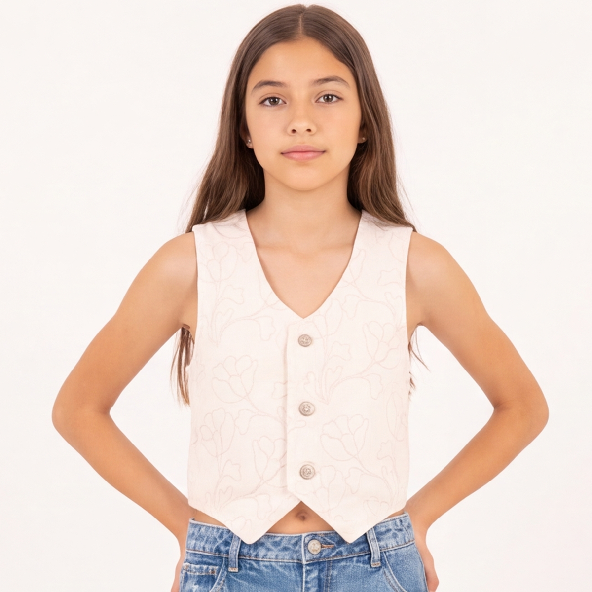 Chaleco para niñas con diseño floral bordado - Beige