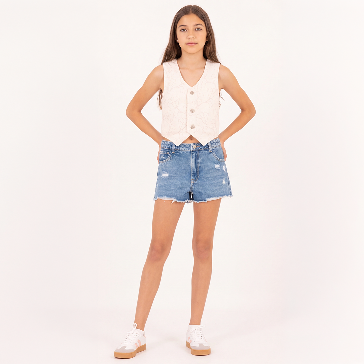 Chaleco para niñas con diseño floral bordado - Beige