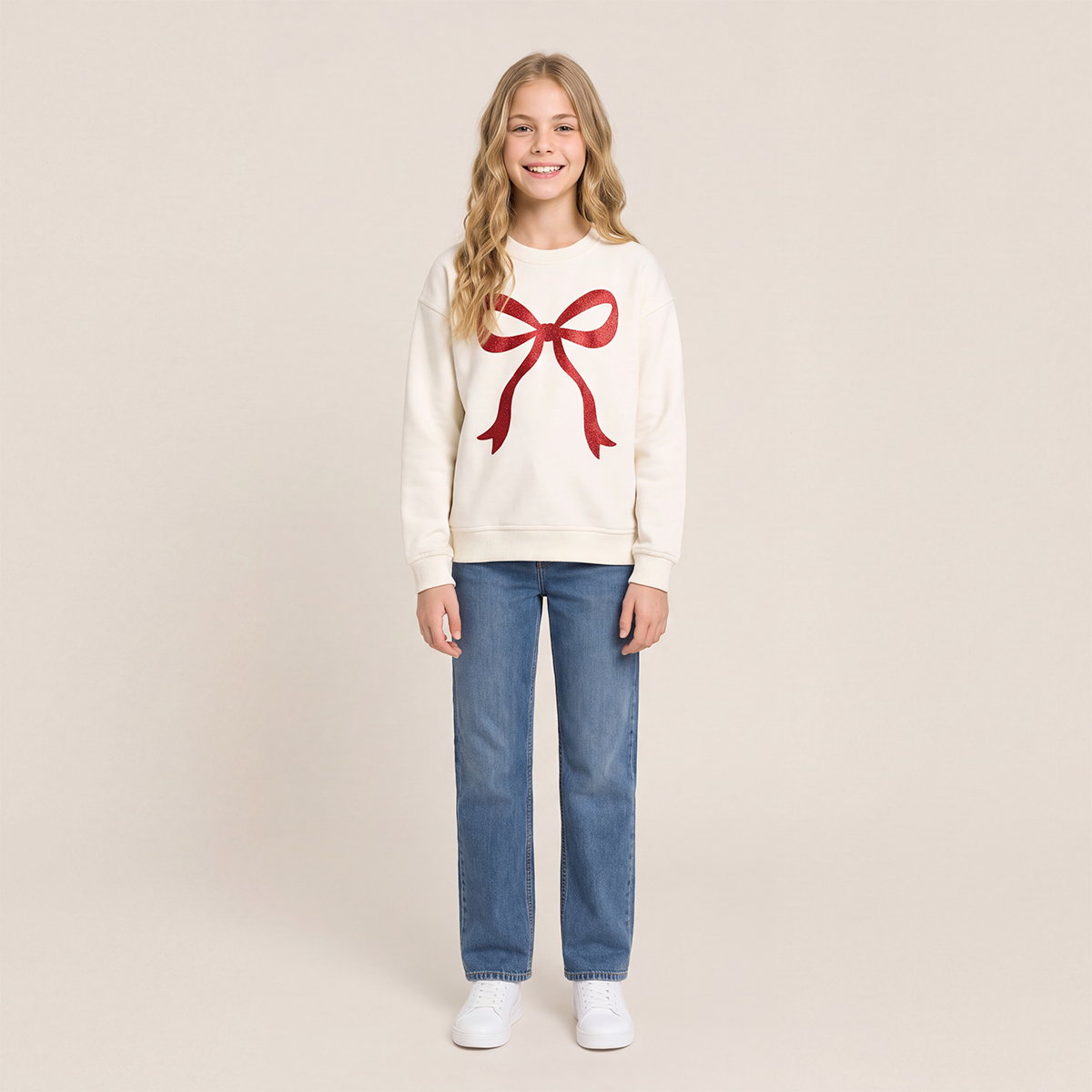Hoodie para niñas con diseño de lazo en glitter – Off white