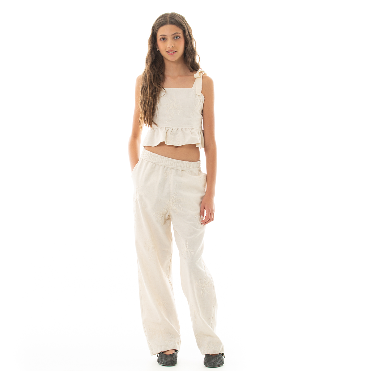 Pantalon para niñas con diseño bordado de palmeras - Beige
