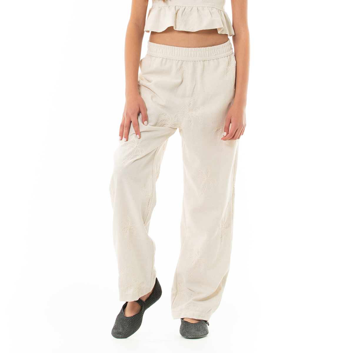 Pantalon para niñas con diseño bordado de palmeras - Beige