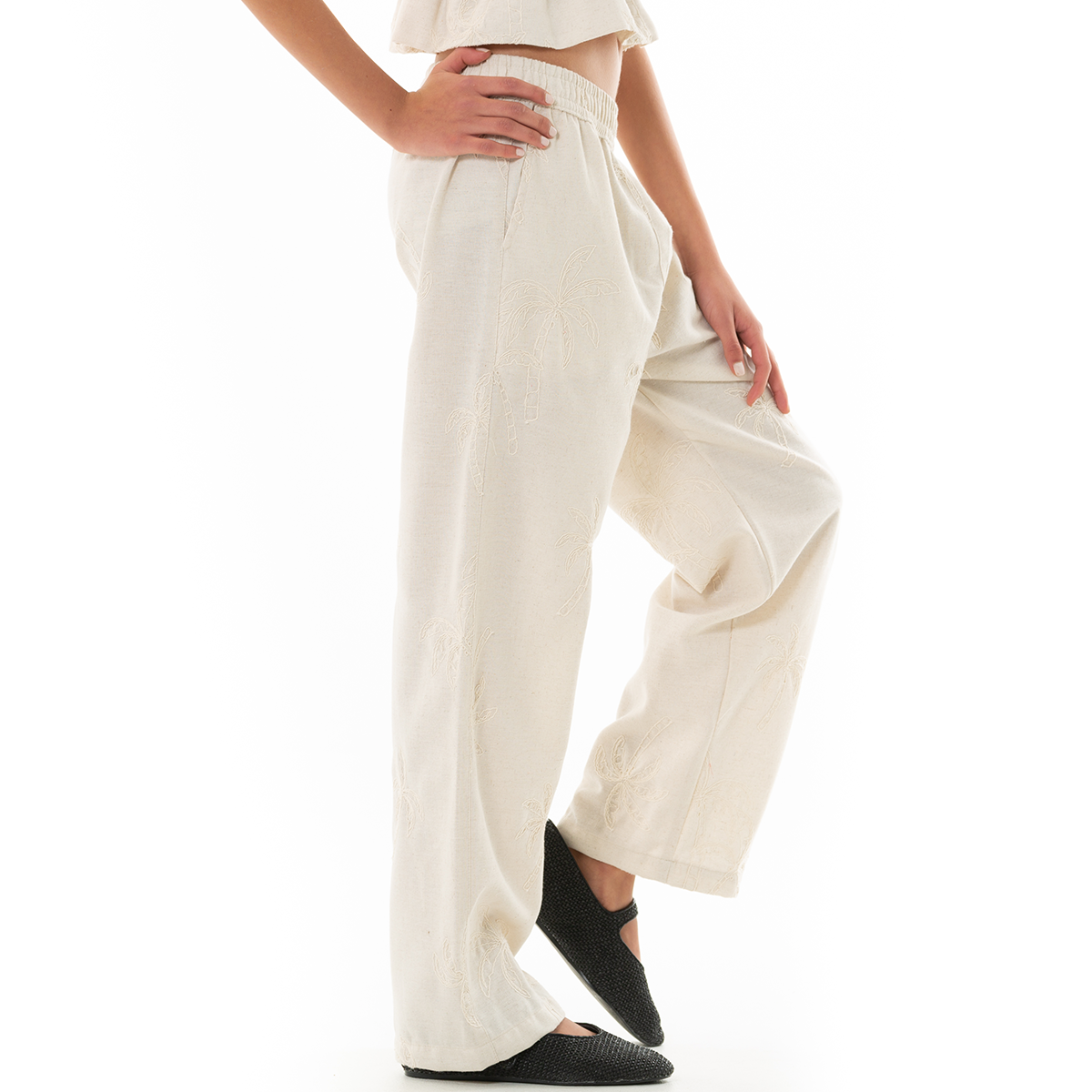 Pantalon para niñas con diseño bordado de palmeras - Beige