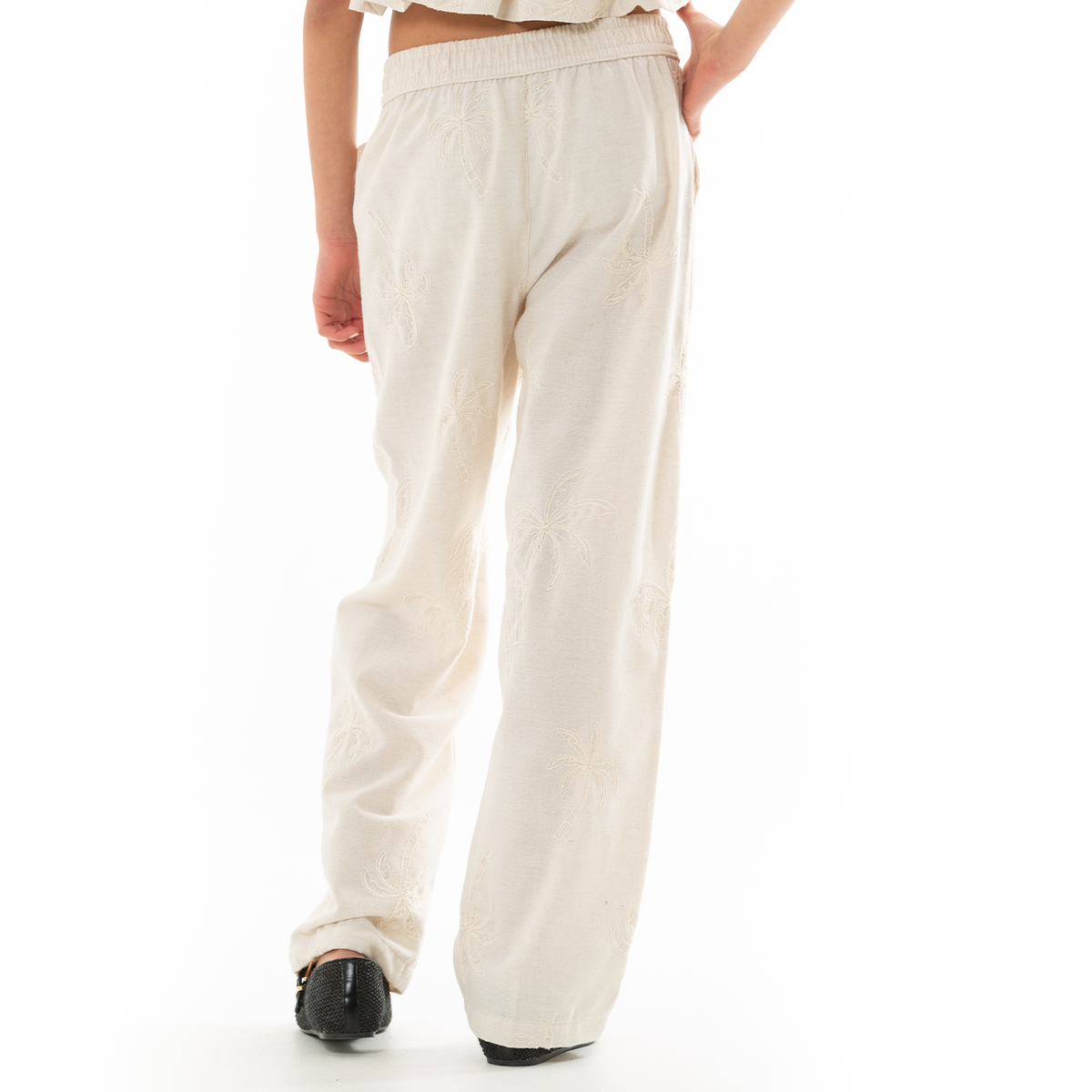 Pantalon para niñas con diseño bordado de palmeras - Beige